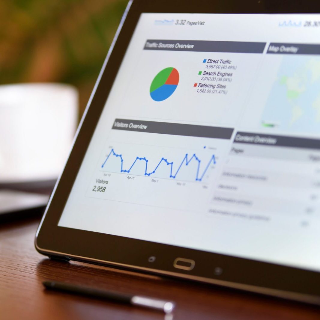 Close-up of a tablet displaying analytics charts on a wooden office desk, alongside a smartphone and coffee cup.